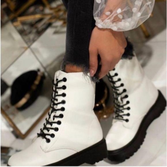 White Vegan Leather Lace Up Combat Boots - Picture 11 of 11